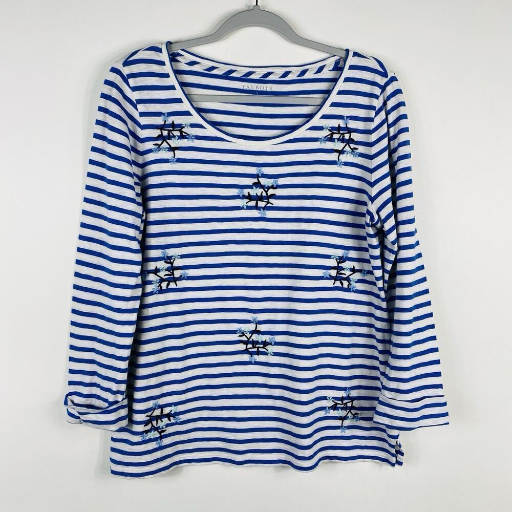 Talbots Top Small White Blue Floral Embroidered Striped Cotton 3/4 Sleeve